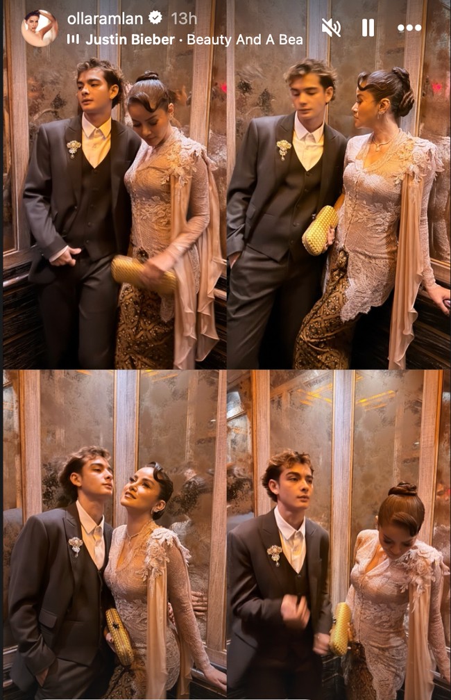 Olla tampil serasi dan mesra dengan kekasihnya, Tristan Molina. Tristan tampak mengenakan setelan jas tuxedo dan kemeja putih. Foto: Instagram/@ollaramlan