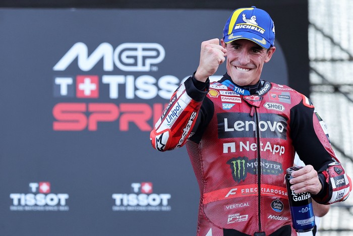 MotoGP - Indonesian Grand Prix - Mandalika International Street Circuit, Mandalika, Indonesia - October 10, 2026 Ducati Lenovo Teams Marc Marquez celebrates after winning the sprint race REUTERS/Willy Kurniawan