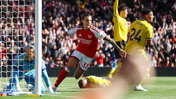 Soccer Football - Premier League - Arsenal v Leeds United - Emirates Stadium, London, Britain - October 10, 2026 Arsenals Riccardo Calafiori celebrates scoring their first goal REUTERS/Hannah Mckay EDITORIAL USE ONLY. NO USE WITH UNAUTHORIZED AUDIO,