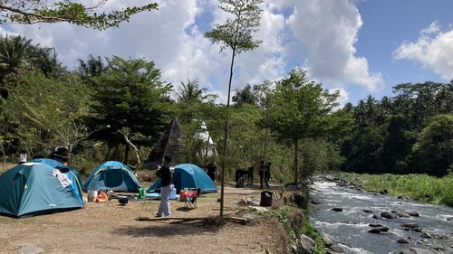 Beberapa anak muda tengah berkemah di Angklung River Camp, Desa Akah, Kecamatan Klungkung, Klungkung, Bali, Minggu (11/10/2026). (Fatih Kudus Jaelani/detikBali)