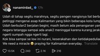 Nana Mirdad juga masih berisik dalam akun Threads miliknya. Udah di tahap segitu marahnya, segitu pengen nangisnya liat berbagai respon para petinggi mengenai asap Kalimantan yang bikin beberapa kota lumpuh. Udah berbulan2 berjalan begini, masih belum ada penanganan yang berarti. Bahkan di negara tetangga sampai ada anak2 meninggal karena kurang jarak pandang.Ngga ngerti sumpah ngga ngerti lagi. Kok bisa sampai se low ini nurani, keserakahan dan ketidakpeduliannya. We need a miracle praying for Kalimantan everyday, tulis Nana Mirdad. Foto: dok threads Nana Mirdad.