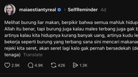 Melihat burung liar makan, berpikir bahwa semua mahluk hidup rejeki nya ditanggung Allah itu benar, tapi burung juga kalau males terbang juga gak bakal dapet makanan… artinya kalau kita hidupnya kurang banyak uang, artinya kudu lebih ikhtiar lagi bekerja seperti burung yang terbang sana sini mencari makanan… kita males, ya rejeki kita seret, akan seret lagi kalo gak pernah bersedekah (dengan uang atau tenaga), tulis Maia Estianty dalam Threads miliknya dilihat detikcom, Senin (12/10/2026).  Foto: dok Threads Maia Estianty