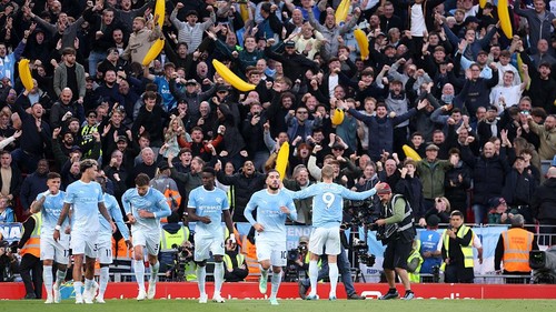 LIVERPOOL, ENGLAND - OCTOBER 11: Erling Haaland of Manchester City celebrates scoring his teams first goal with teammates in front of the Manchester City fans during the Premier League 2026/27 match between Liverpool FC and Manchester City at Anfield on October 11, 2026 in Liverpool, England. (Photo by Alex Pantling/Getty Images)