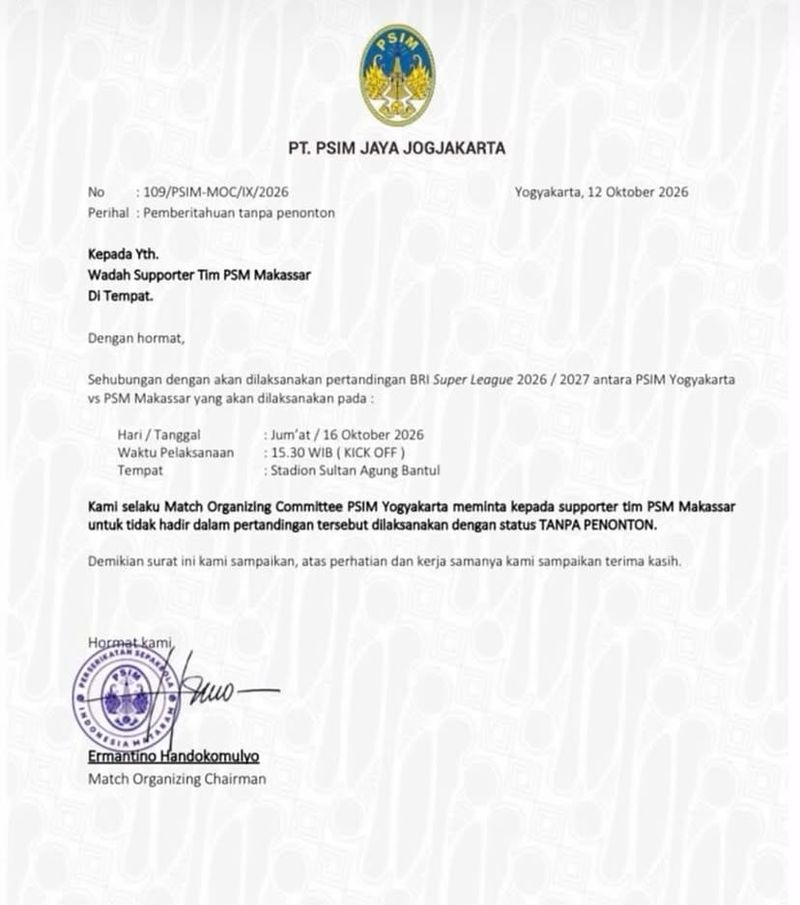 Surat resmi PT PSIM Jaya Jogjakarta bernomor 109/PSIM-MOC/IX/2026 tertanggal 12 Oktober 2026. (Dok. Istimewa) Surat resmi PT PSIM Jaya Jogjakarta bernomor 109/PSIM-MOC/IX/2026 tertanggal 12 Oktober 2026.