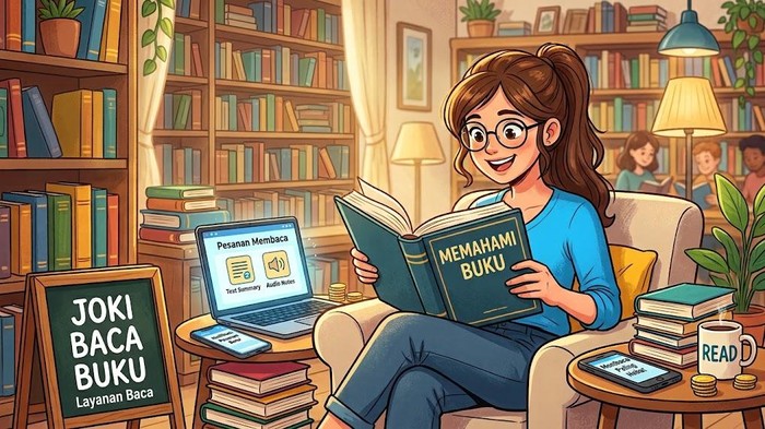 Ilustrasi membaca buku atau joki baca buku.