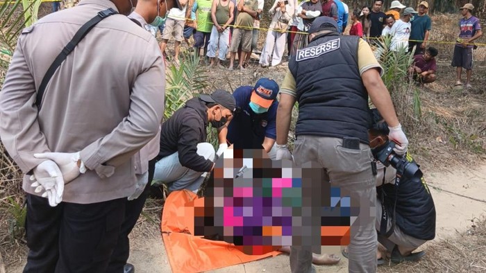 Polisi saat mengevakuasi jasad wanita yang ditemukan tewas di kebun sawit, Mesuji, Lampung