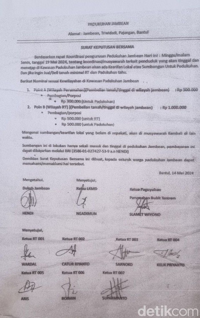 Surat kesepakatan warga di Jambean, Bantul, yang meminta warga baru harus menyumbang Rp 300 ribu hingga Rp 1 juta. Foto diunggah Selasa (13/10/2026).
