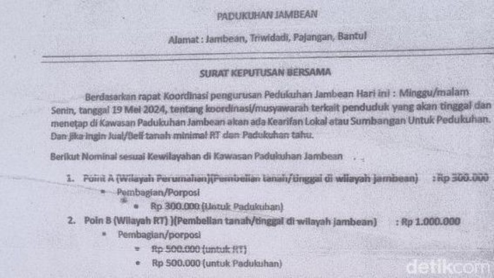 Surat kesepakatan warga di Jambean, Bantul, yang meminta warga baru harus menyumbang Rp 300 ribu hingga Rp 1 juta. Foto diunggah Selasa (13/10/2026).