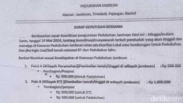 Surat pungutan di Bantul Surat kesepakatan warga di Jambean, Bantul, yang meminta warga baru harus menyumbang Rp 300 ribu hingga Rp 1 juta. Foto diunggah Selasa (13/10/2026).