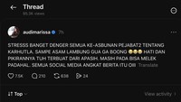 Audi Marissa mengaku stres mendengar penjelasan para pejabat soal Karhutla. Foto: Thread @audimarissa