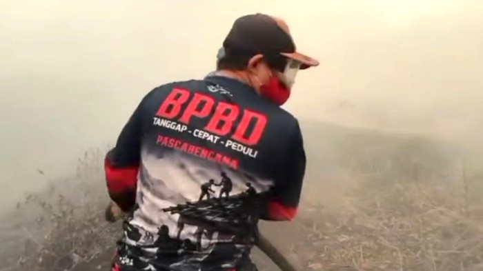 Komandan Pleton (Danton) Tim Reaksi Cepat (TRC) BPBD Kobar, Dawi Al-Habsyie saat memadamkan api di lapangan (dok Istimewa)