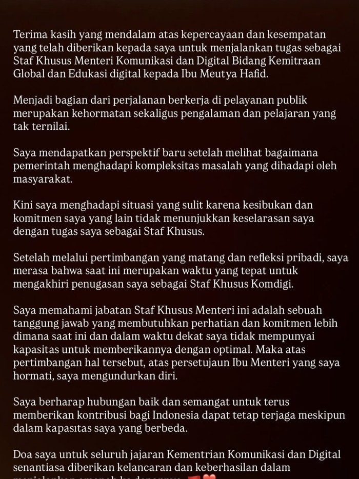 Pernyataan Raline Shah usai mundur dari Staf Khusus Menkodigi.