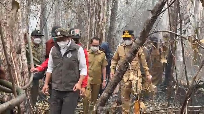 Wali Kota Palangka Raya mendampingi Menhut saat memantau karhutla. (dok Istimewa)