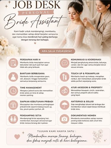 Jasa Personal Bride Assistant kini jadi peluang usaha baru untuk bantu calon pengantin tanpa WO agar tetap tenang dan fokus di hari bahagianya. Jasa Personal Bride Assistant kini jadi peluang usaha baru untuk bantu calon pengantin tanpa WO agar tetap tenang dan fokus di hari bahagianya.