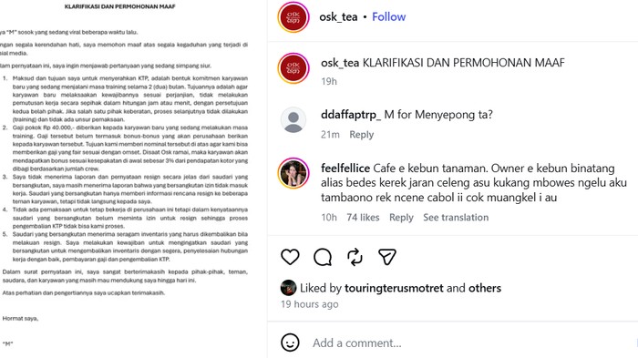 Pernyataan klarifikasi pemilik kafe berinisial M dalam akun Instagram-nya soal penahanan KTP karyawan.