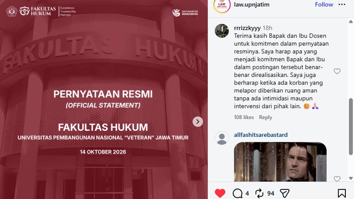 Pernyataan resmi Fakultas Hukum UPN Veteran Jatim terkait pelecehan oleh dosen.