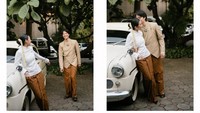 Tampil gaya dan nostalgia, pasangan pengantin baru ini mengabadikan momen manis di samping mobil antik berwarna krem. Dikta terlihat tak segan mendaratkan kecupan hangat di pipi Rachel Cia yang tersenyum bahagia. (Foto: dok Instagram rchelcia)