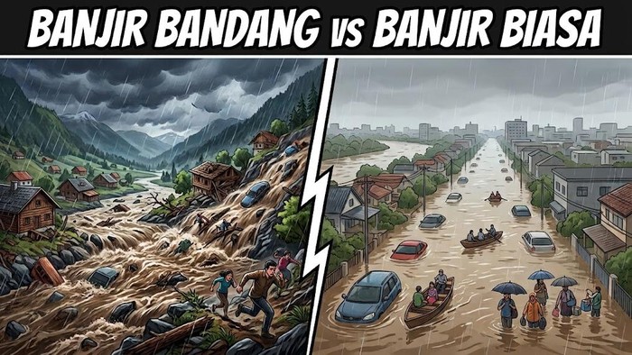 Ilustrasi banjir bandang vs banjir biasa.