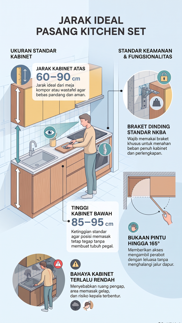 Infografis jarak pasang kitchen set di dapur