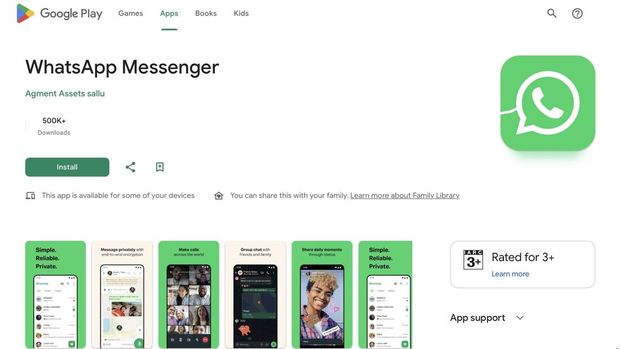 Tampilan aplikasi WhatsApp palsu di Google Play Store yang mirip dengan aslinya