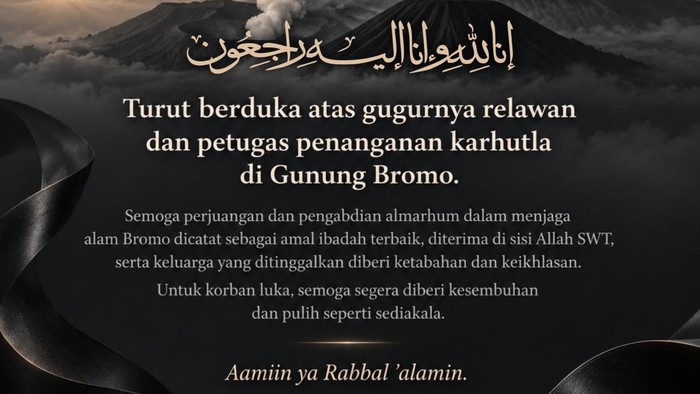 Ucapan duka cita Gubernur Jatim Khofifah Indar Parawansa atas tewasnya 4 korban saat pemadaman Karhutla Bromo.
