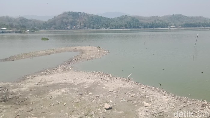 Air rawa Jombor di Bayat, Klaten mulai surut sehingga pulau kecil bermunculan.