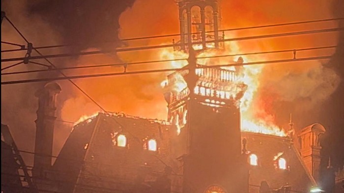 Fire in Limoges city hall amid protests, in Limoges, France, October 17, 2026, in this screengrab from a video obtained from social media. Lucas Destrem/via REUTERS THIS IMAGE HAS BEEN SUPPLIED BY A THIRD PARTY. MANDATORY CREDIT. NO RESALES. NO ARCH