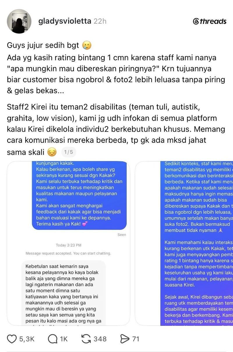 Pegawai Kafe Disabilitas menjalankan SOP, tapi diberikan bintang 1