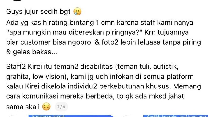 Pegawai Kafe Disabilitas menjalankan SOP, tapi diberikan bintang 1