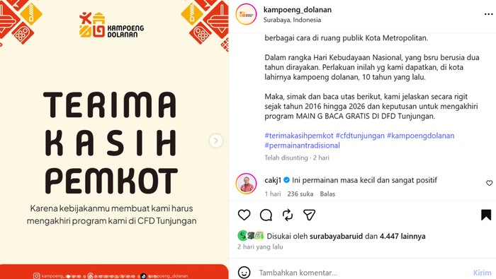 Postingan Instagram @kampoeng_dolanan terkait kebijakan pemkot yang dinilai kurang berpihak pada komunitas kampoeng dolanan