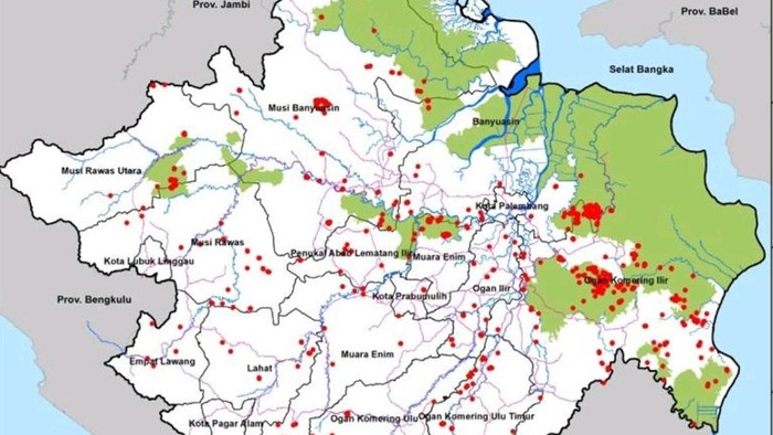 Sebaran hotspot di Sumsel didominasi di wilayah OKI dan Banyuasin.