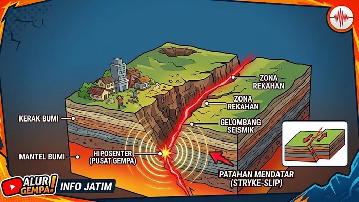 Ilustrasi sesar aktif gempa bumi.