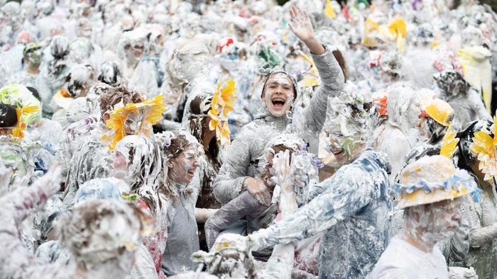 Students from St Andrews take part in a foam fight, as part of 