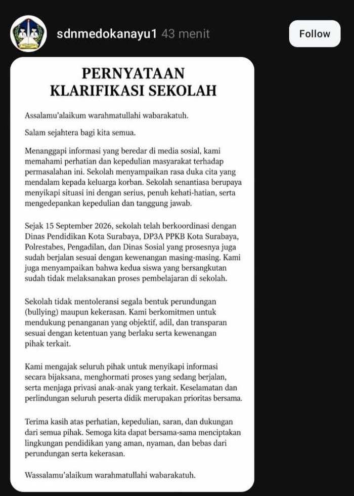 Pernyataan sekolah SDN Medokanayu Surabaya