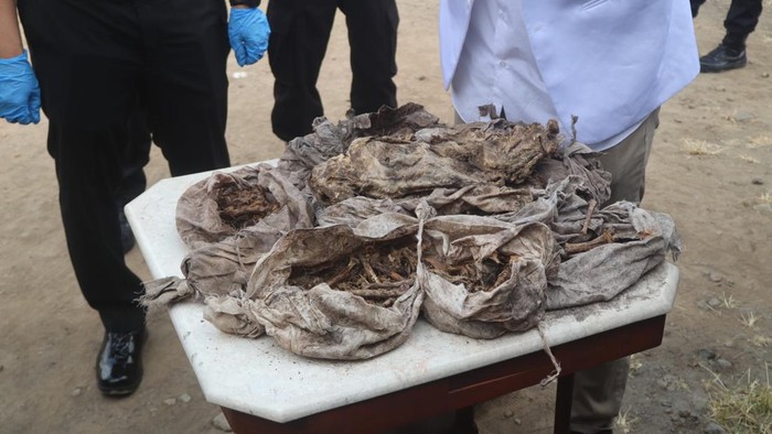 Petugas bersama dokter forensik dari RSUD Tidar melakukan pemeriksaan di lokasi penemuan puluhan bungkusan kain kafan berisi tulang di Canguk, Kota Magelang, Selasa (20/10/2026).