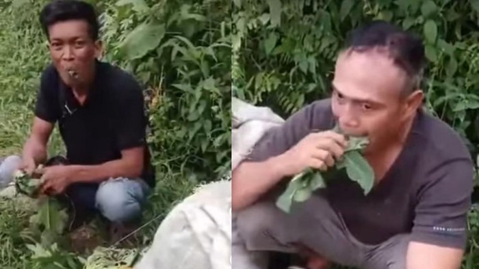 Kedua pelaku saat dihukum warga makan daun pepaya usai kepergok mencuri di Deli Serdang.