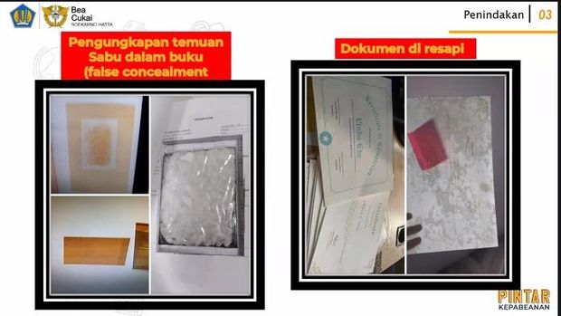 Pengungkapan temuan sabu dalam buku dan dokumen di resapi. (Dok. Bea Cukai)
