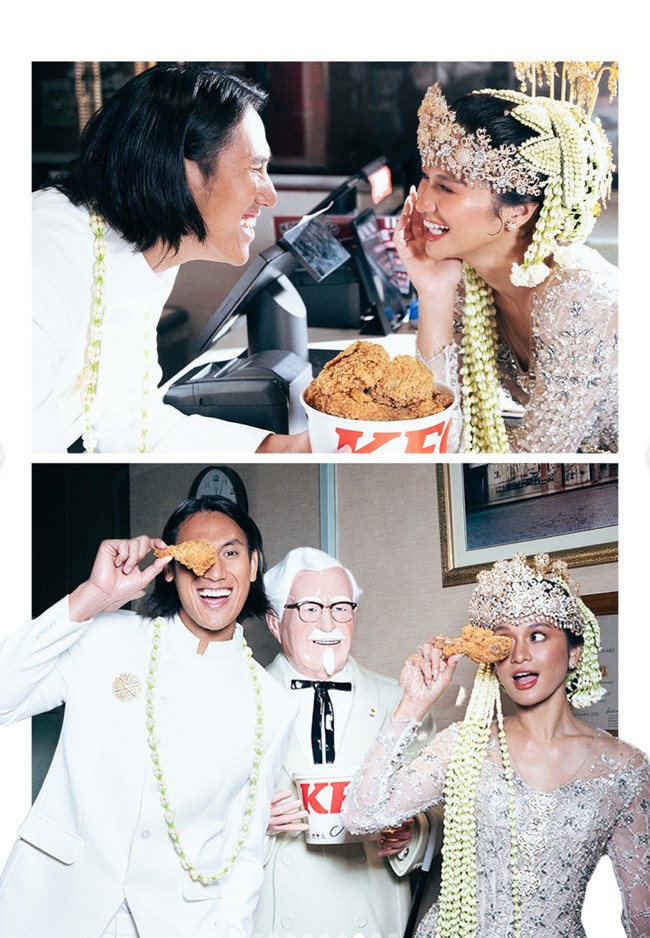 Selain berpose di dalam supermarket, keduanya juga menjalani pemotretan di restoran cepat saji, KFC. Sean diketahui juga merupakan cucu dari Dick Gelael, pendiri KFC Indonesia. Foto: Instagram/@hanamalasan