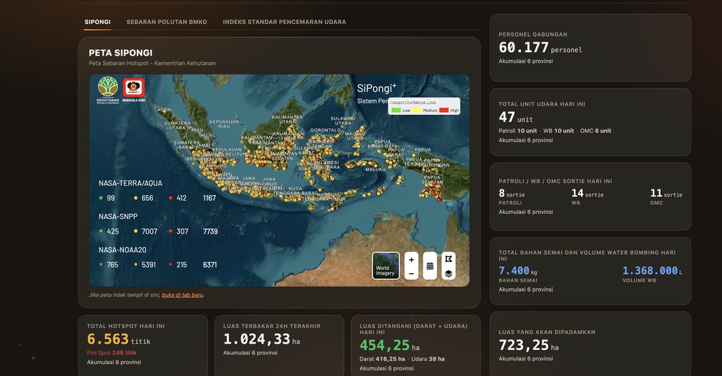 Update sebaran titik panas karhutla di Indonesia menurut data Peta sipongi pada Rabu (21/10/2026). (Tangkapan Layar Sipongi)