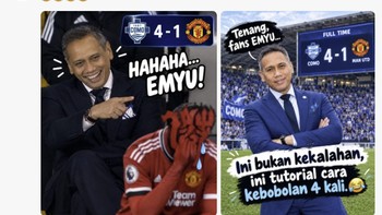 Presiden Como 1907, Mirwan Suwarso, dijadikan meme sedang menertawakan MU yang dibantai 4-1. Katanya ini bukan pertandingan, melainkan tutorial cara kebobolan empat kali. Nyesek, fans Emyu! Foto: X.com