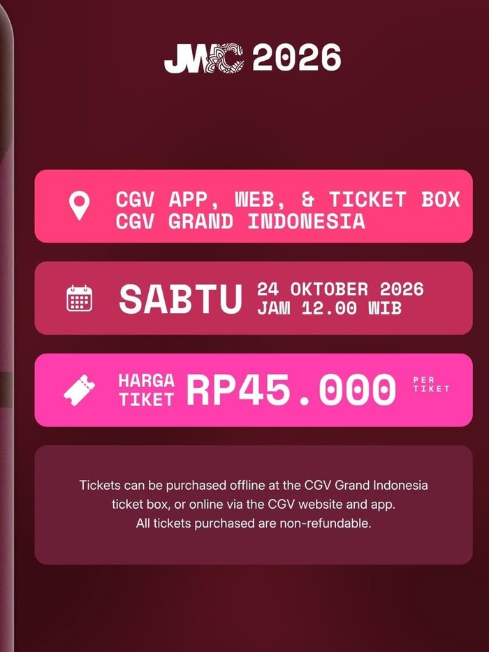 Jadwal penjualan tiket Jakarta World Cinema 2026.