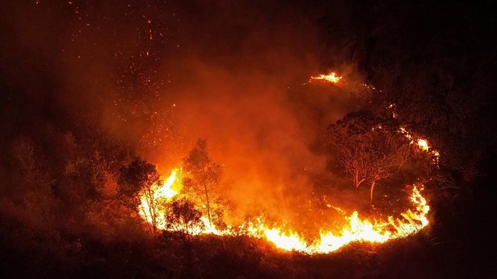 A drone view shows smoke and flames rising from a wildfire burning in Penyang village, East Kotawaringin Regency, Central Kalimantan province, Indonesia, October 23, 2026. REUTERS/Soepriyadi Gunawan
