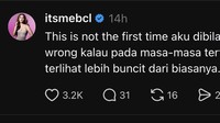 This is not the first time aku dibilang hamil. I don’t think there’s anything wrong kalau pada masa-masa tertentu perempuan mengalami bloating dan terlihat lebih buncit dari biasanya..Sekian dan terima kasih, sambungnya. (Foto: dok akun Threads BCL)