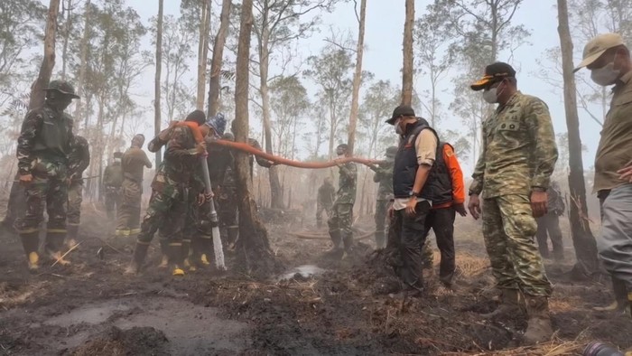 Kepala BNPB Letjen TNI Kristomei Sianturi bersama Gubernur Lampung Rahmat Mirzani Djausal mengecek langsung penanganan karhutla di TNWK