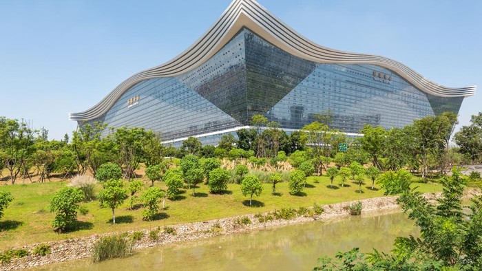 Chengdu, Sichuan province, China - Aug 26, 2020 : New Century Global Center building view from Guixi park on a sunny day with clear blue sky