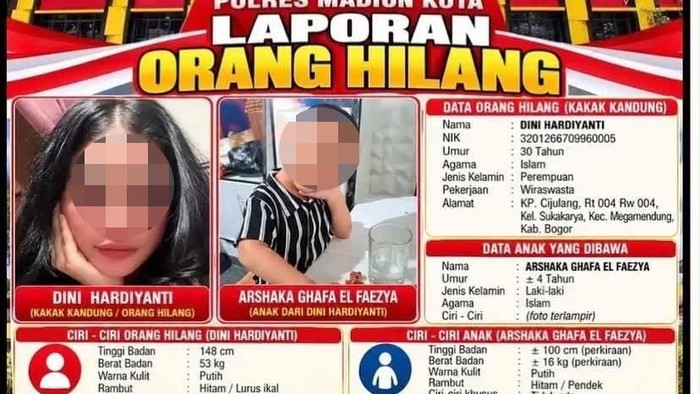 Pengumuman kehilangan ibu dan anak yang telah dilaporkan ke Polres Madiun Kota.