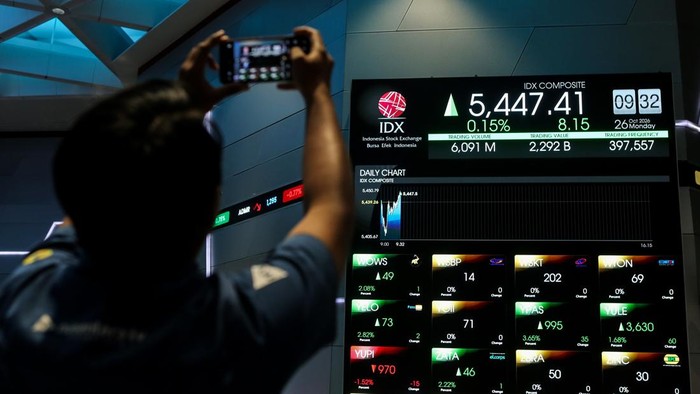 Pengunjung memantau layar pergerakan Indeks Harga Saham Gabungan (IHSG) di Bursa Efek Indonesia, Jakarta, Senin (26/10/2026). Indeks Harga Saham Gabungan (IHSG) Bursa Efek Indonesia (BEI) pada Senin (26/10) dibuka menguat 3,04 poin atau 0,06 persen ke posisi 5.442,30. ANTARA FOTO/Asprilla Dwi Adha/agr