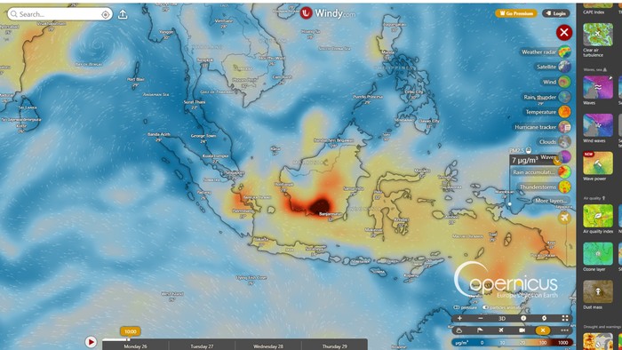 Windy.com untuk pantau pergerakan angin dan asap karhutla.