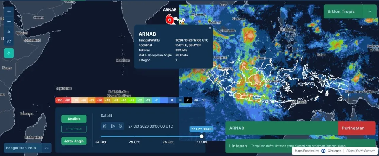Badan Meteorologi, Klimatologi, dan Geofisika (BMKG) mengonfirmasi adanya perkembangan sistem siklonik 98B di Laut Andaman sejak 19 Oktober 2026 dengan sirkulasi lemah, Jakarta (27/10/2026). Badan Meteorologi, Klimatologi, dan Geofisika (BMKG) mengonfirmasi adanya perkembangan sistem siklonik 98B di Laut Andaman sejak 19 Oktober 2026 dengan sirkulasi lemah, Jakarta (27/10/2026). (Dok. BMKG)