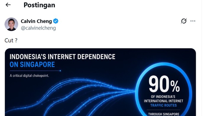 Politikus Singapura Calvin Cheng Ern Lee ngetweet soal infografis yang menunjukkan ketergantungan pembangunan internet Indonesia dengan jalur Singapura.